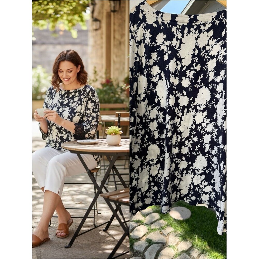 J Jill Navy Floral Lace Trim Knit Tunic Top Women’s 4X
